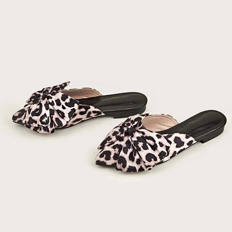 Khaki Leopard Print Pointed Toe Bow Shoes Women's Flat Mules |FSJ Shoes
