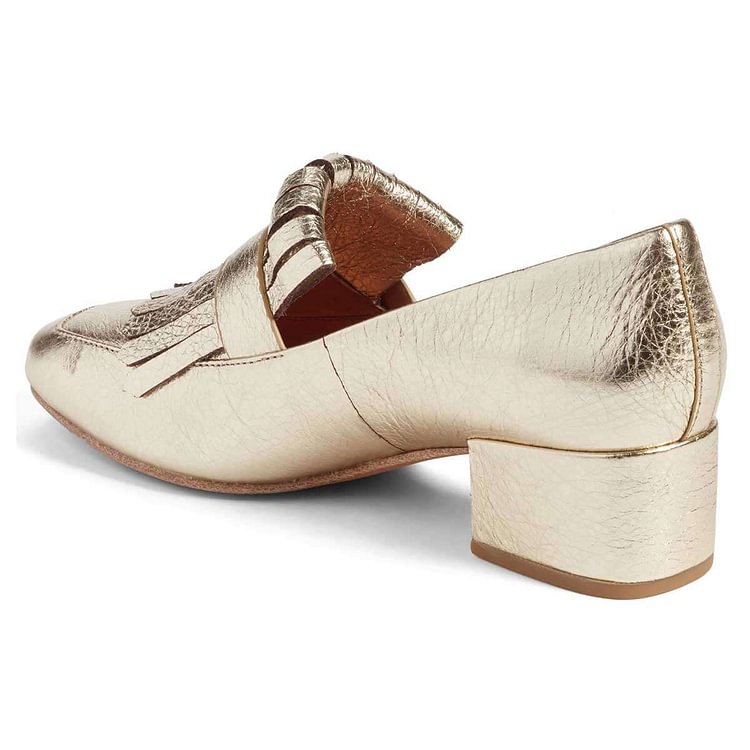 Champagne Square Toe Chunky Heel Fringe Loafers for Women US Size 3-15 |FSJ Shoes
