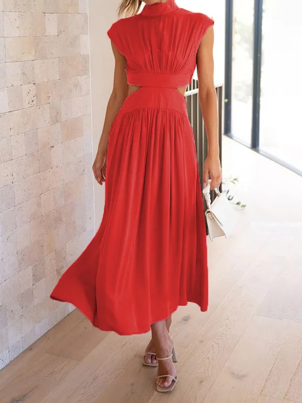 Cap Sleeve Belly-Hollow Pleated Solid Color Stand Collar Maxi Dresses