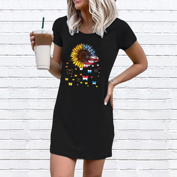 Casual Butterfly Sunflower Print Dress