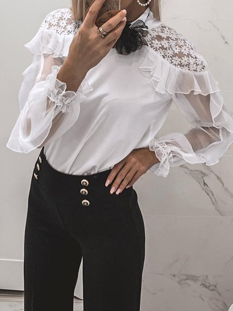 Lace See through Stand Collar Long Sleeve Blouse P1730718