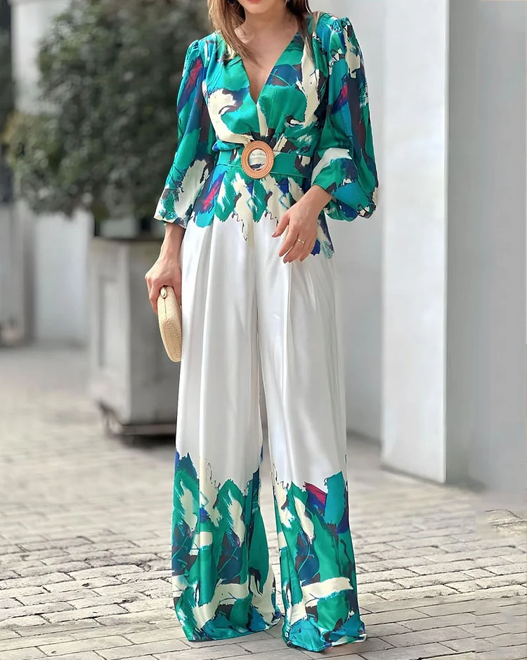 Casual V-neck Printed Jumpsuit
