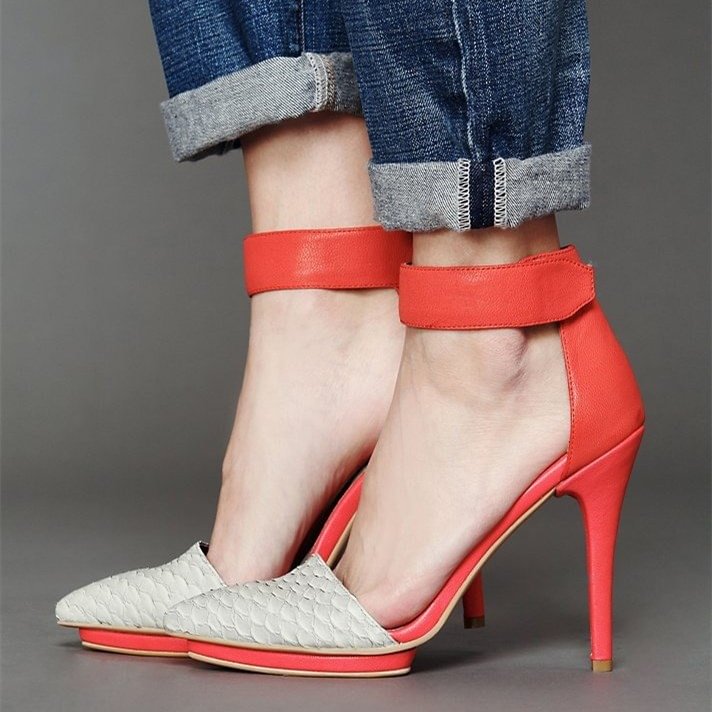 Beige Scale Pattern Pointy Toe Red Sole Ankle Strap Platform Heels |FSJ Shoes