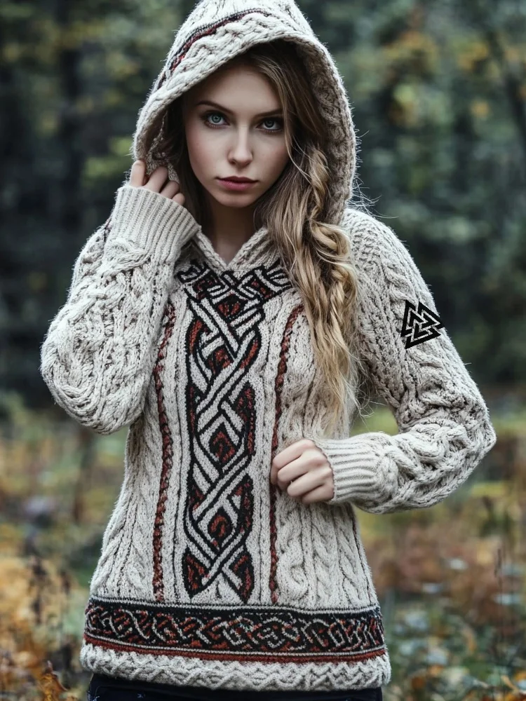 Viking Valknut Embroidered Retro Jacquard Cozy Hooded Sweater