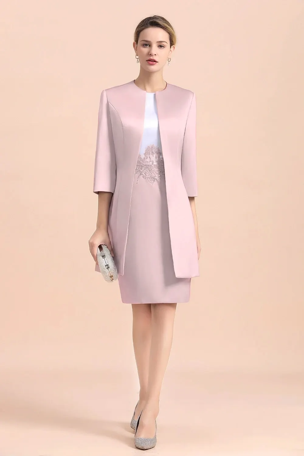 Daisda Satin Jewel Neck 1/2 Sleeves Two Pieces Knee-Length Embroidery Mother Of The Bride Dress