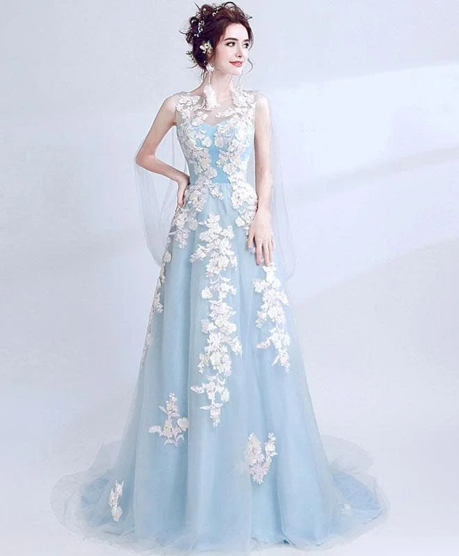Light Blue Lace Tulle Long Prom Dress, Evening Dress