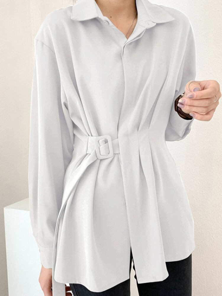 Women Solid Color Long Sleeve Loose Casual Blouse With Belt