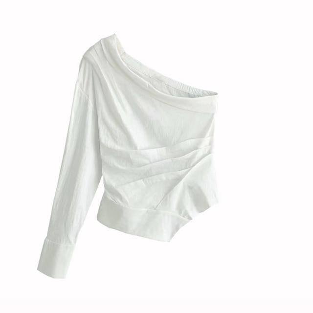 TRAF Women Blouses Vintage Sexy One Shoulder Tops Fashion Irregular Collar Pleated Stylish White Shirts Blusas Mujer