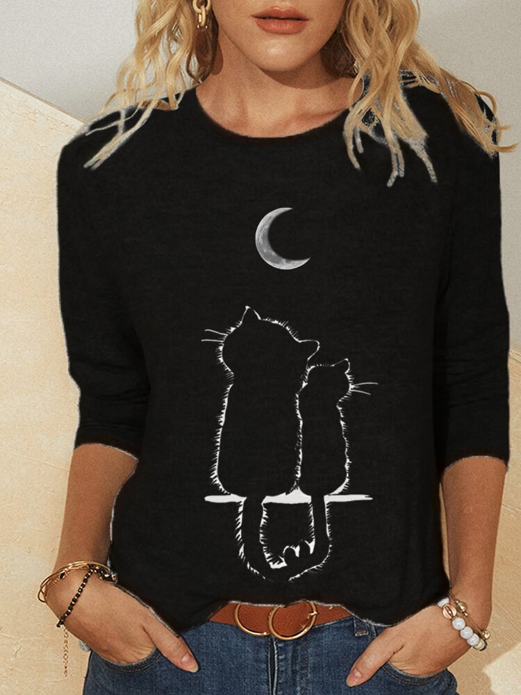 Cat Print O neck Casual Long Sleeve T Shirt For Women P1788839