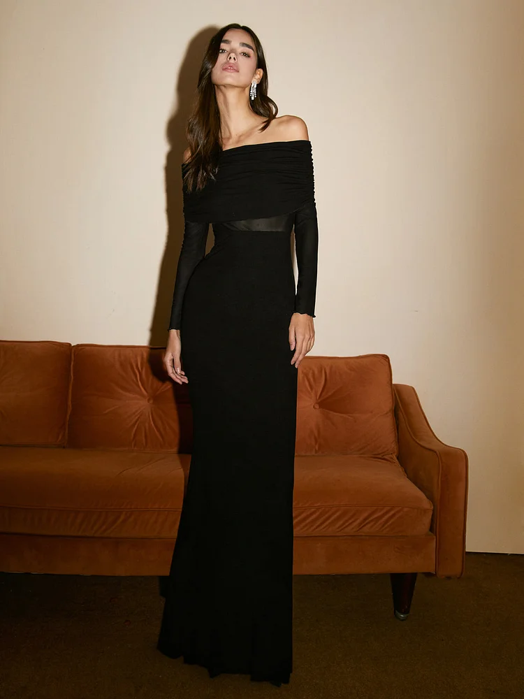 Overfold Off-Shoulder Mesh Long Sleeve Long Dress QueenFunky