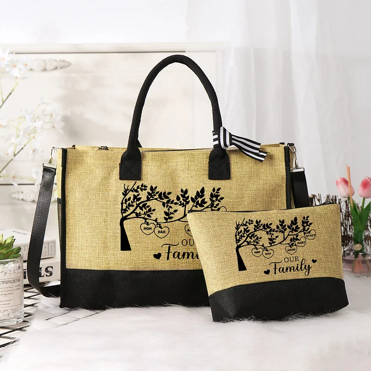 Personalized Family Tree Tote Bag Set Custom 5 Names & 1 Text Handbag Large Capacity Shoulder Bag Shopping Bag Zipper Bag Gift for Mother/Grandma