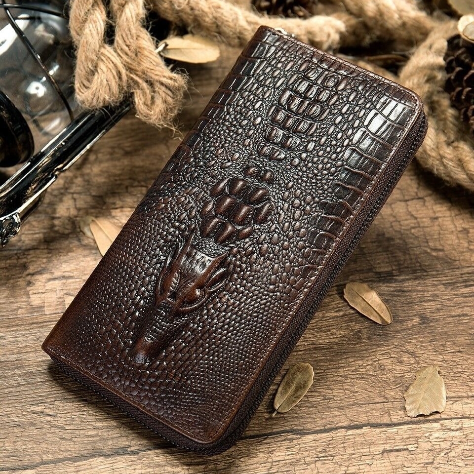 Men's Genuine Leather Crocodile Pattern Long Wallet Credit Card Money Bag | ARKGET
