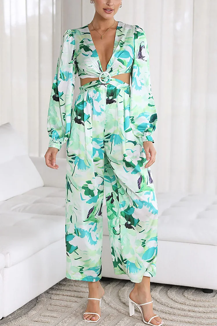 Floral Print Deep V Neck Cutout Flare Long Sleeve Ring Decor Wide Leg Vacation Jumpsuit