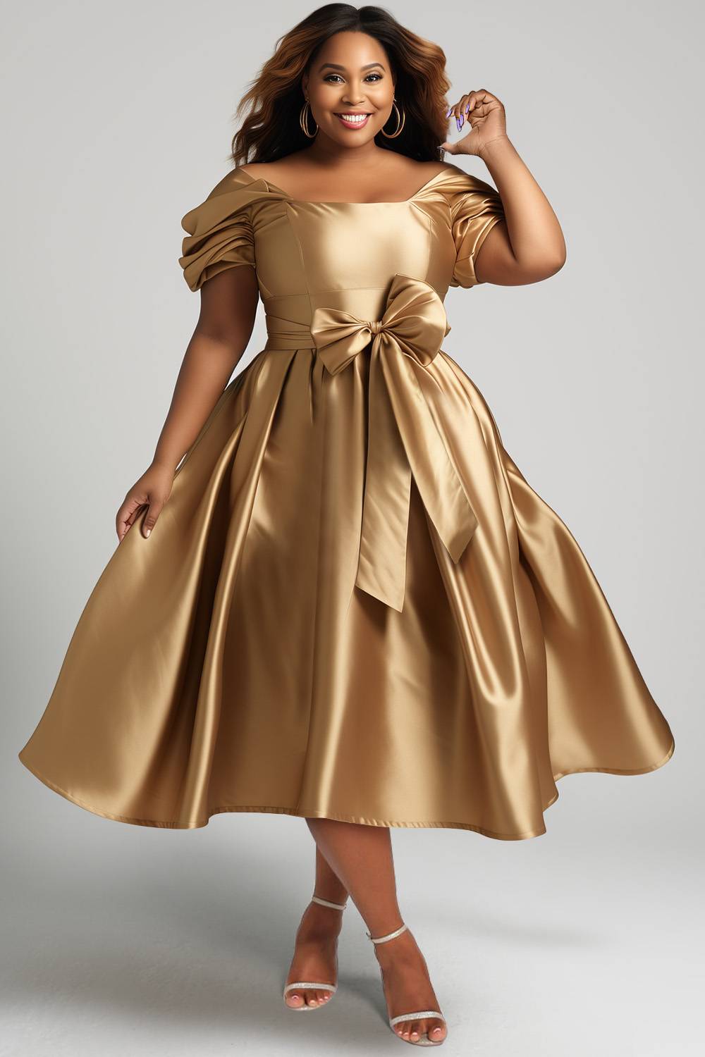 Xpluswear Design Plus Size Wedding Guest Rose Gold Puff Sleeve Short Sleeve  Bow Tie Satin Midi Dresses