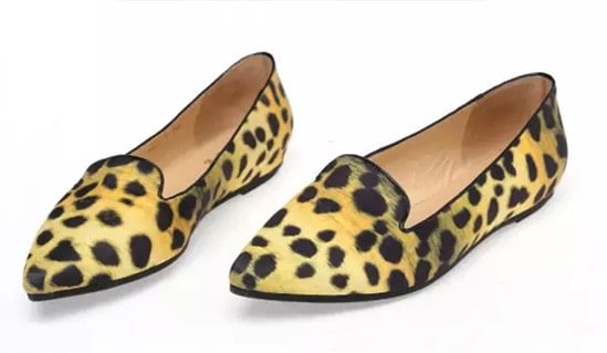 Women's Lemon Yellow Pointed Toe Leopard Print Flats |FSJ Shoes
