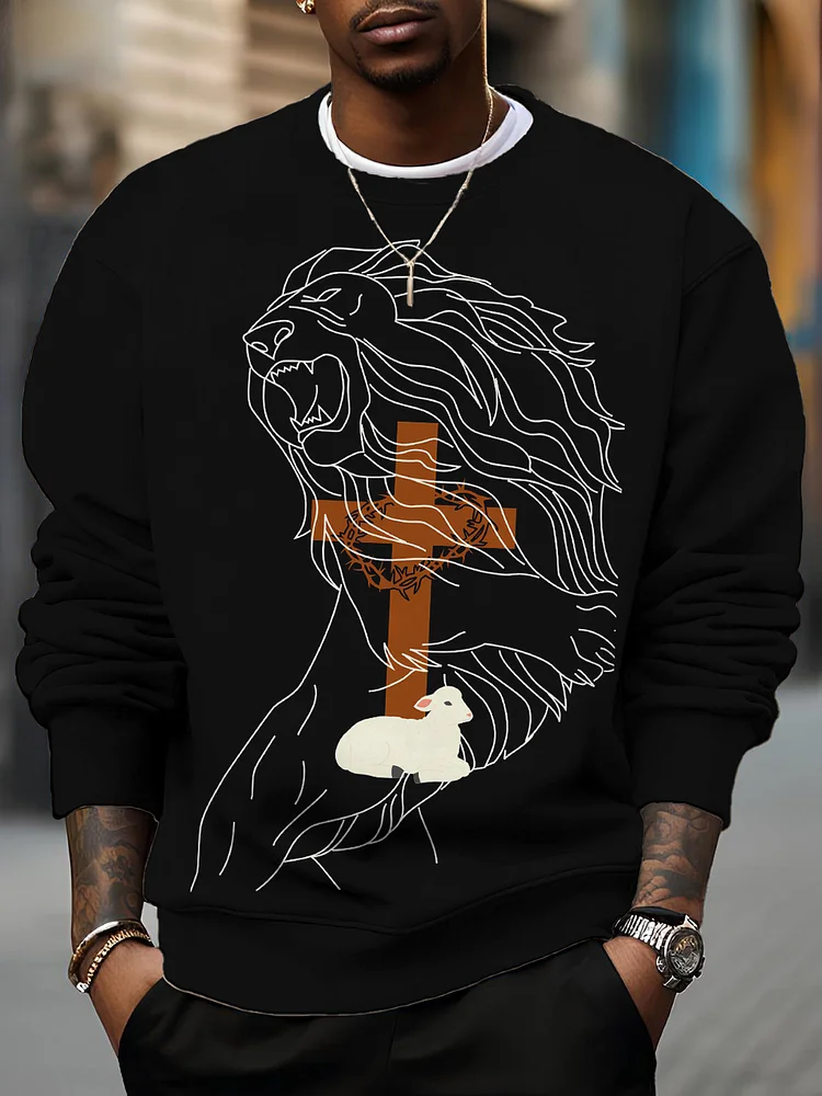 Men's Lion Sheep Christ Cross Print Casual Sweatshirt