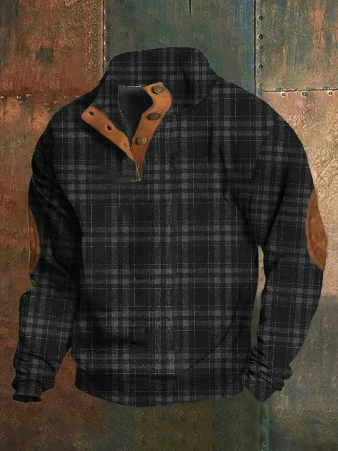 Men's Western Vintage Plaid Print Stand Collar Button-Down Sweatshirt