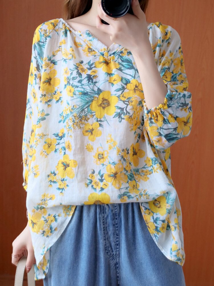 Floral Print V neck Casual 3/4 Sleeve Blouse P1732626