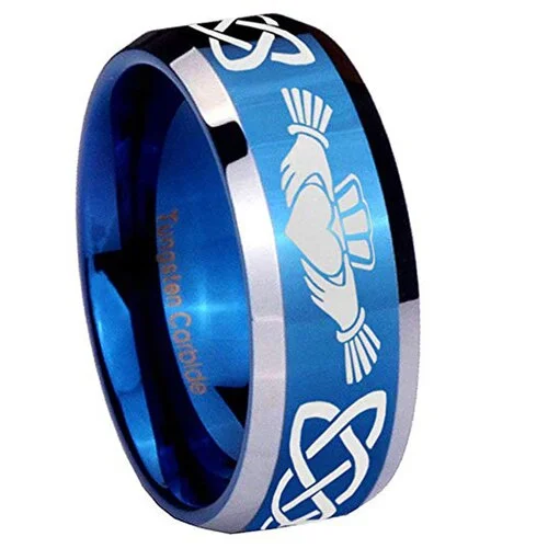 Men's or Women's Blue and Silver Irish Claddagh Tungsten Carbide Embrace Love Heart Wedding Band Rings,Blue and Silver Tungsten Laser Etched Celtic Kno with Heart in Hands Ring With Mens And Womens For 4MM 6MM 8MM 10MM