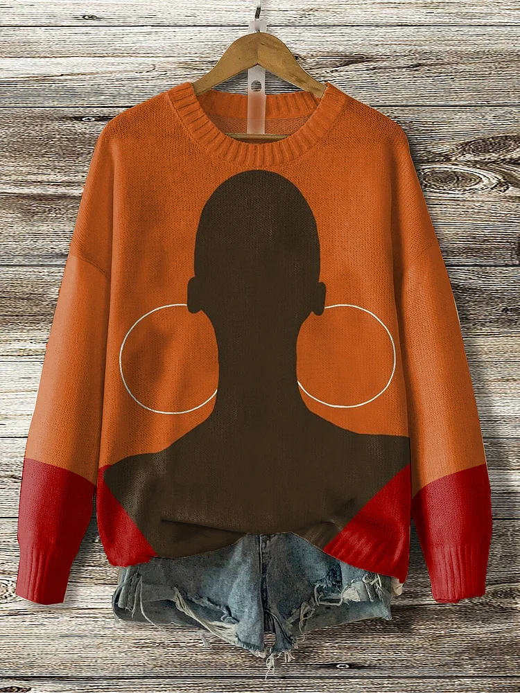Women's Fashion Black Woman Art Print Knit Sweatshirt