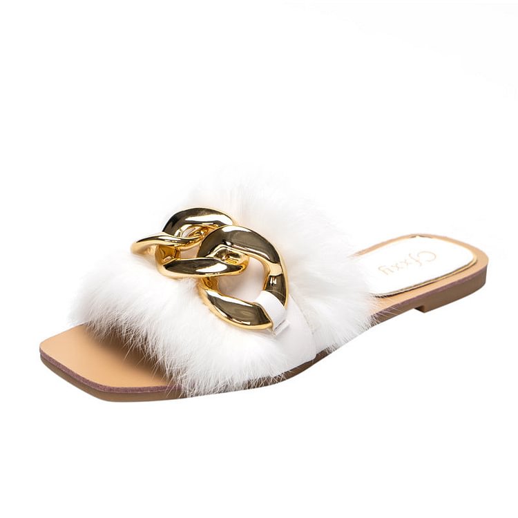 Metal Chain Furry Sandals