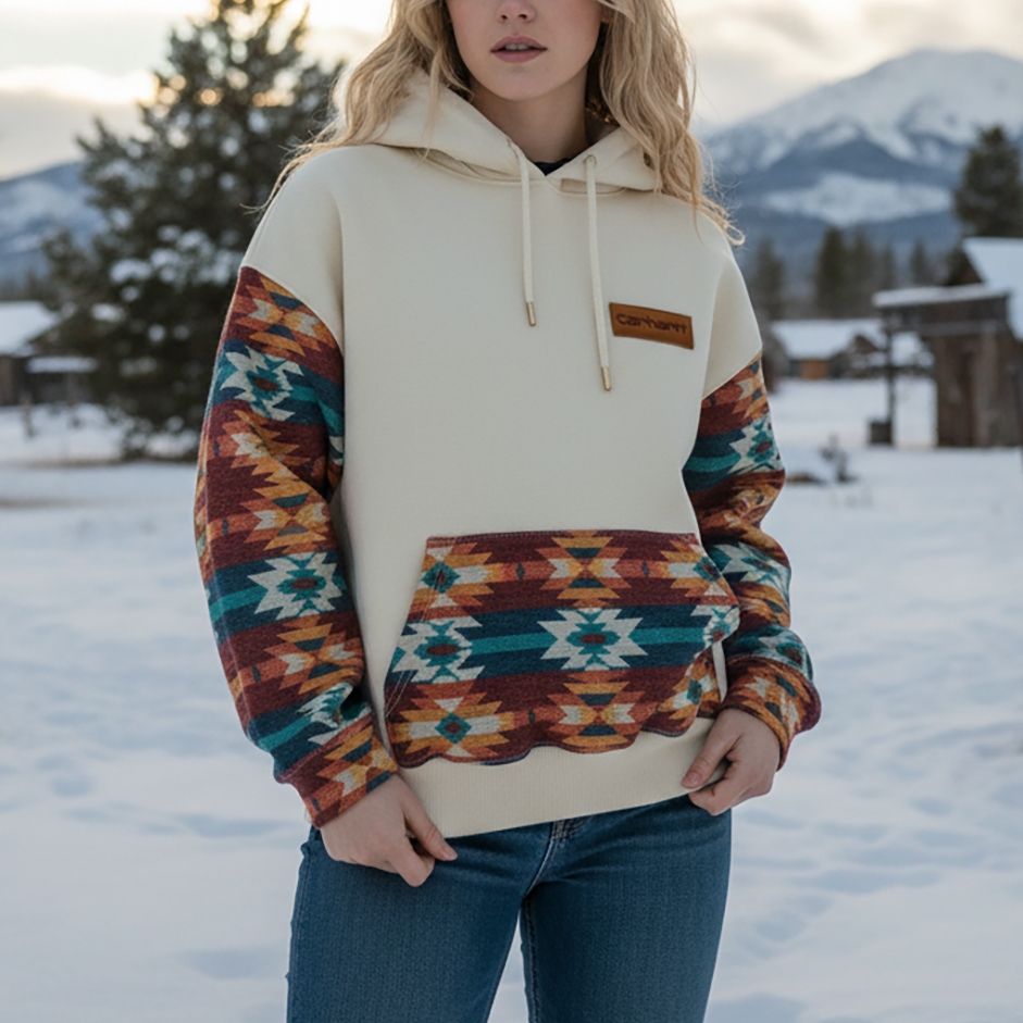 Women's Retro Western Beige Patchwork Aztec Print Leather Logo Hoodie