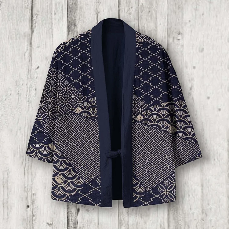Comstylish Vintage Japanese Art Geometry Printed Linen Blend Kimono