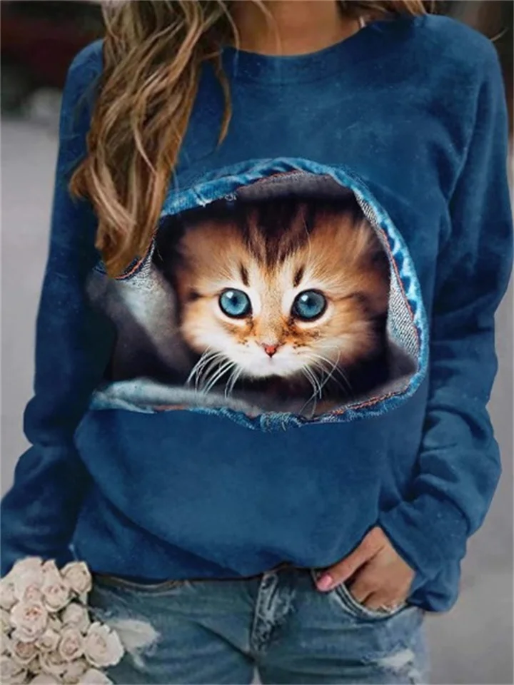 Women's 3D Abstract Pattern Cat Long Sleeve Round Neck T-Shirt Ladies Long Sleeve Top