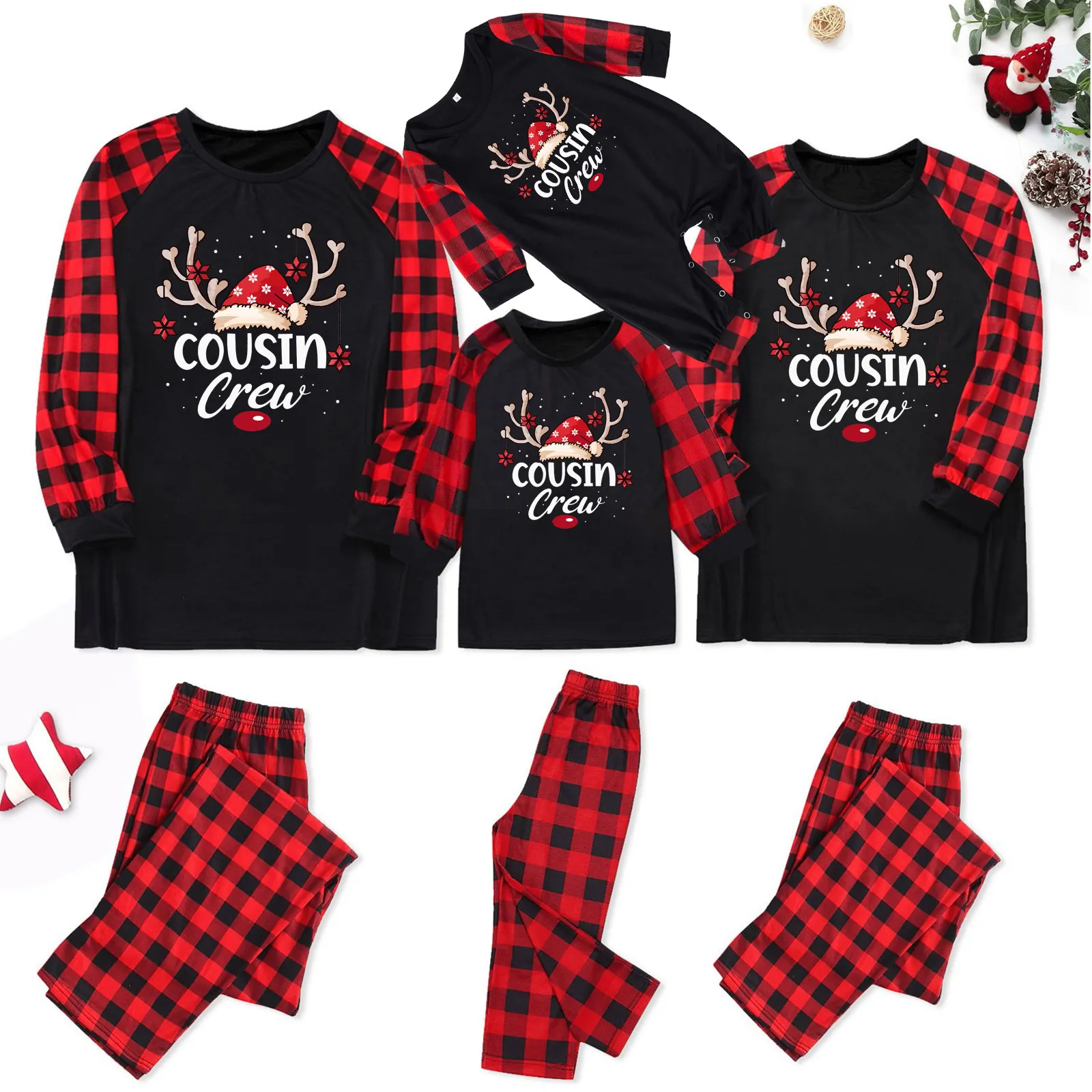 Cousin Crew Christmas Reindeer Print Plaid Family Matching Pajamas Sets