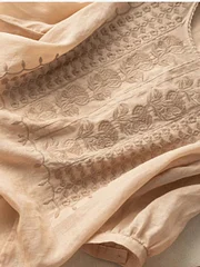 Embroidered Round Neck Half Sleeve Casual Linen Tee Top