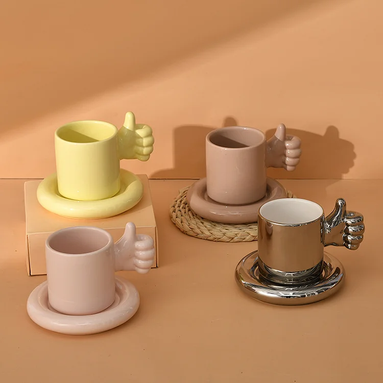 Creative Personality Handle Ceramic Cup Coffee Cup Saucer-Fun Creative Thumbs Like Cup Saucer Mug