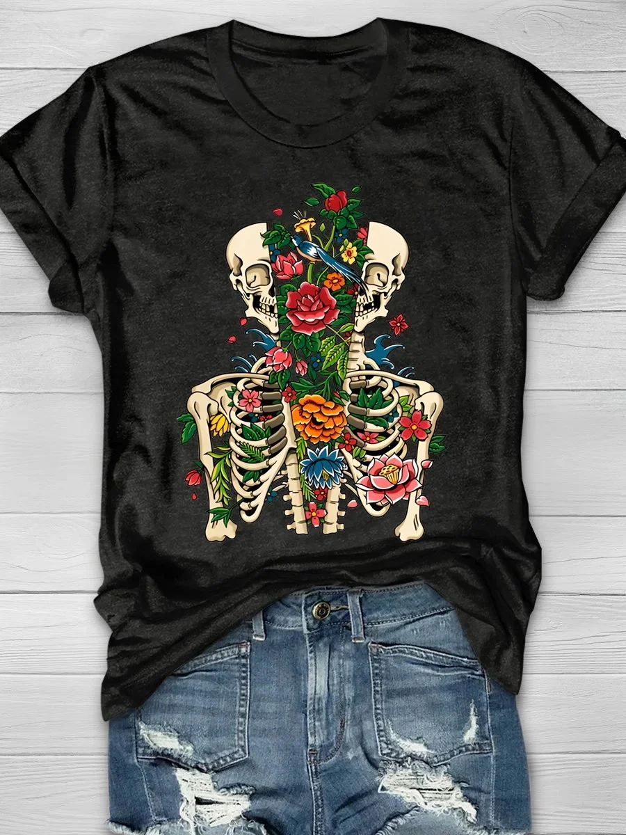 Floral Skeleton Printed Crew Neck Women's T-shirt