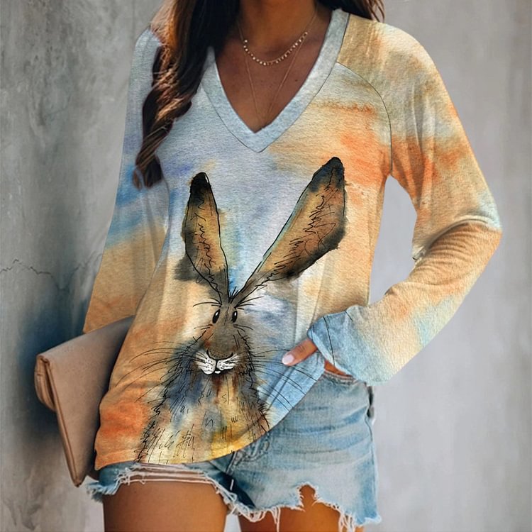 VChics Rabbit Gradient Print V-Neck Long Sleeved Casual T-Shirt