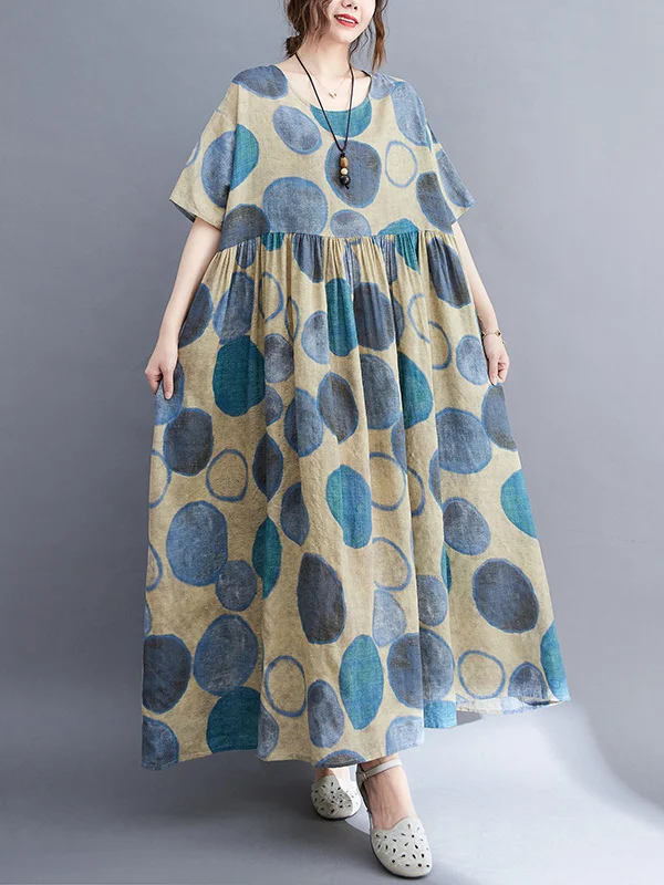 Artistic Retro Loose Polka-Dot Contrast Color Pleated Midi Dress