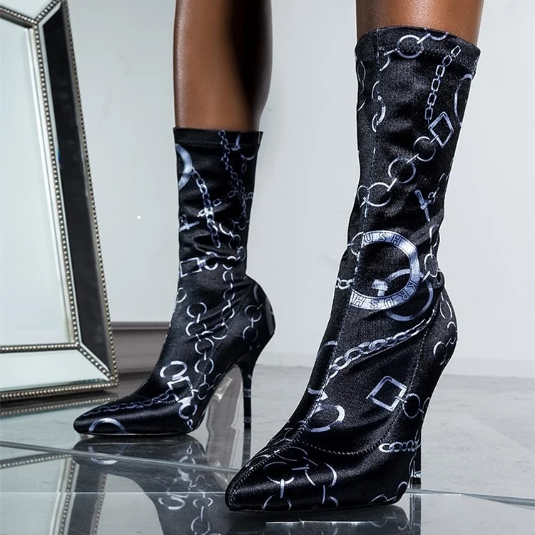 Black Lycra Sock Boots Chains Print Pointy Toe Fashion Mid Calf Boots |FSJ Shoes
