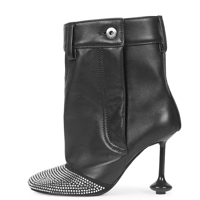 VCSHOES Rhinestone-Embellished Round-Toe Ankle Boots