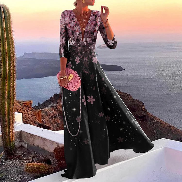 Vefave Elegant Floral Print V-Neck A Swing Maxi Dress