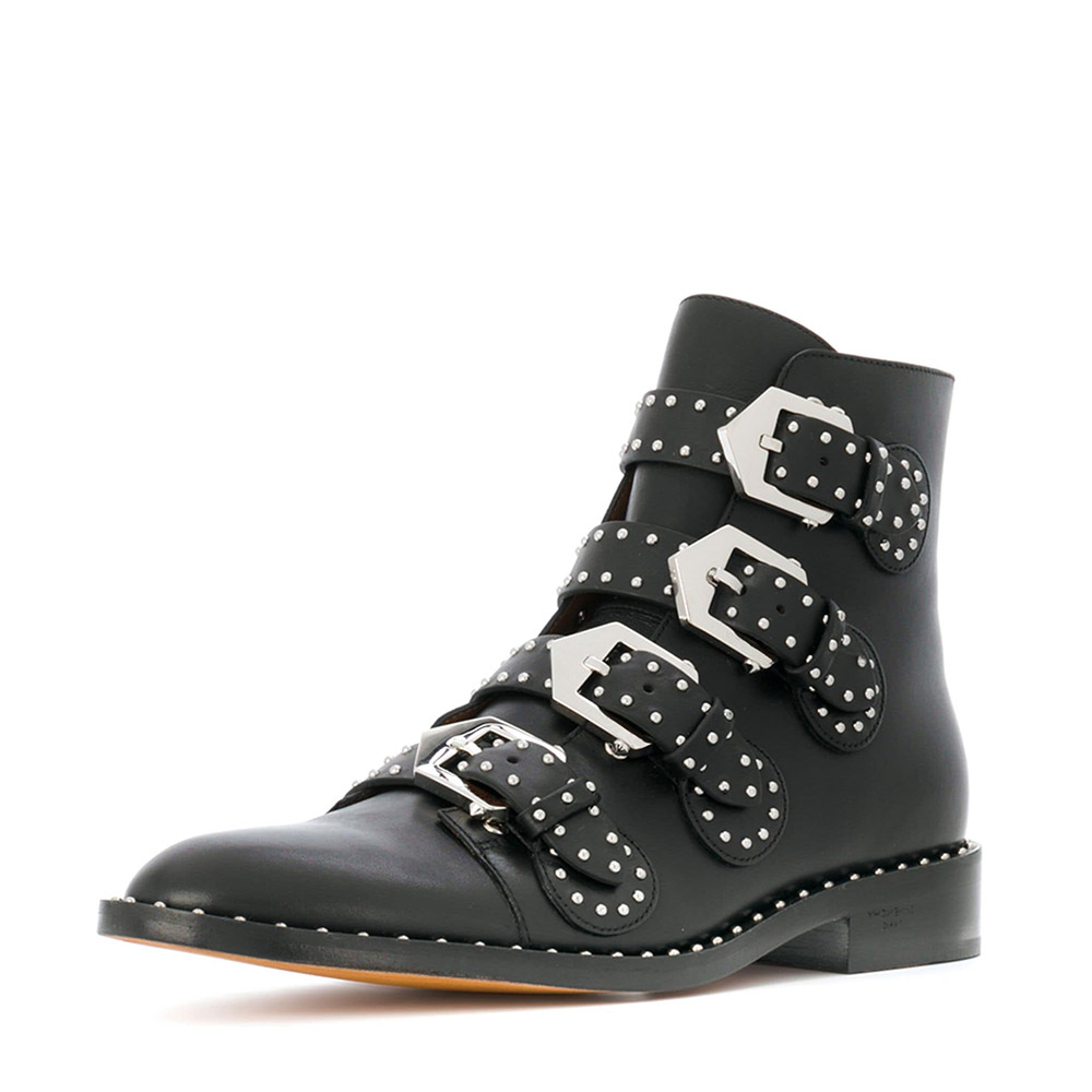 Stylish Black Round-Toe Buckle Strap Studded Flat Ankle