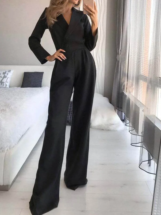 Women's Long Sleeve V-neck Solid Color Casual Jumpsuit