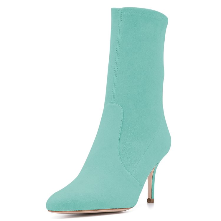Cyan Suede Fashion Boots Pointy Toe Stiletto Heel Ankle Boots |FSJ Shoes