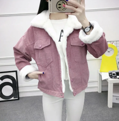 Fashion Faux Fur Lining Corduroy Bomber Jacket SP14565