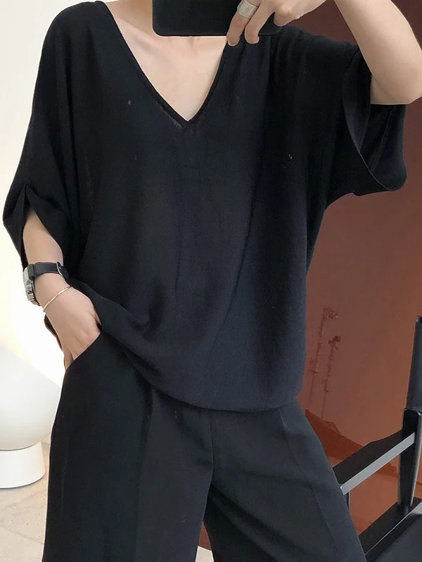Original Solid Knitting V-Neck Shirt Tops