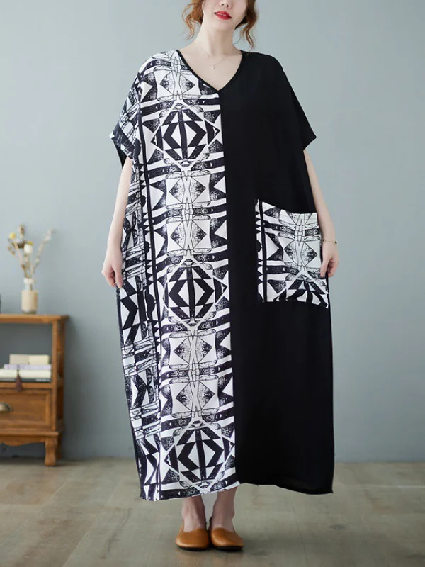 Vintage Artistic Retro Geometric Stamped Split-Joint Big Pocket Midi Dress
