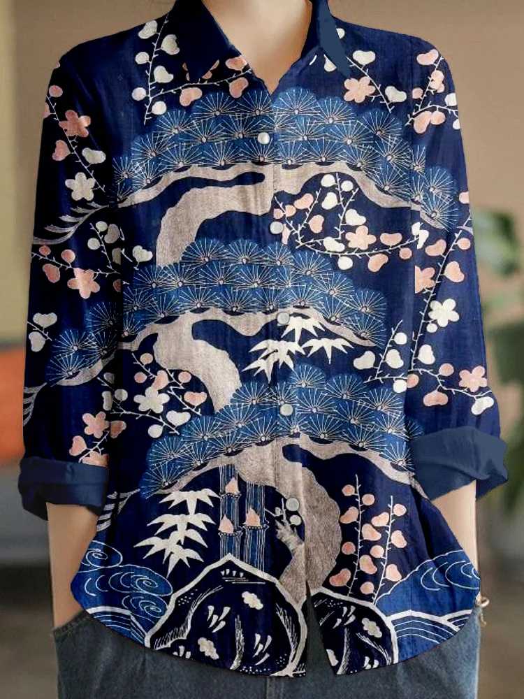 Comstylish Vintage Japanese Plum Blossom Art Linen Blend Blouse