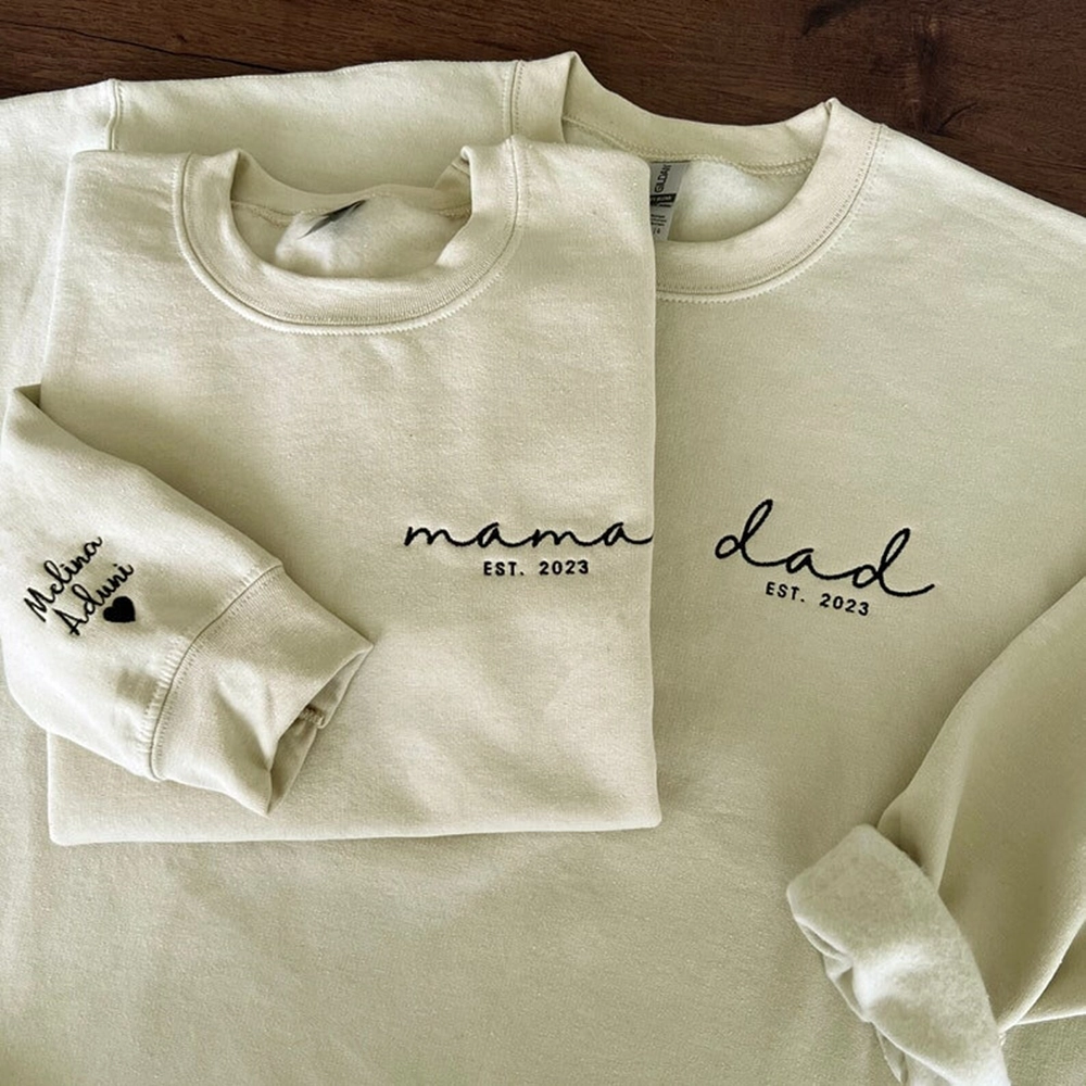 Custom Mama Dad Embroidered Sweatshirt With Names On Sleeve