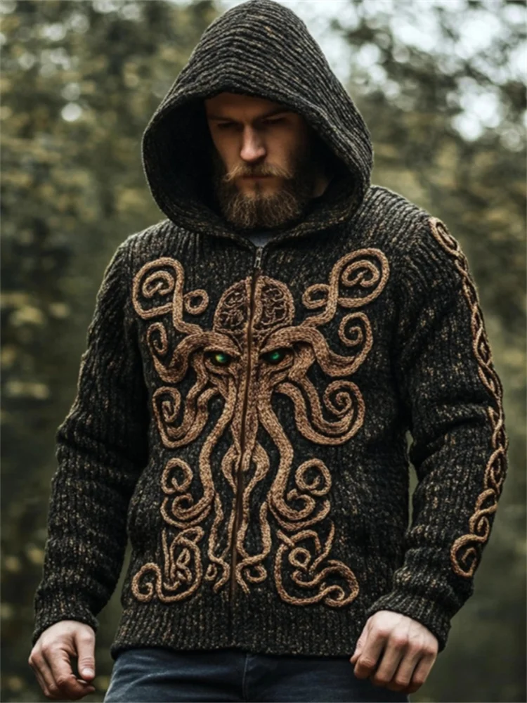 Men's Cthulu Celtic Cozy Chunky Hooded Cardigan