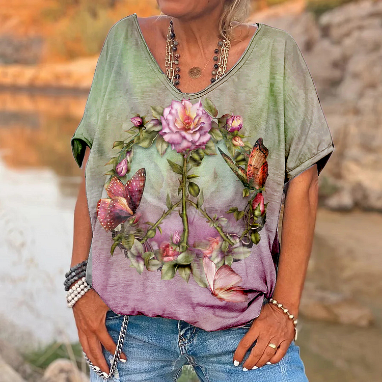 Women's Peace Anti-War Floral V-Neck Print Top socialshop