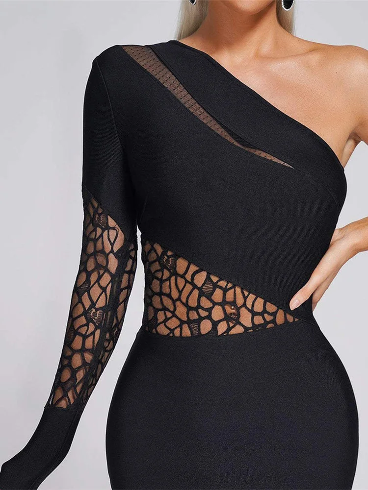 Women's 2023 Summer Bodycon Mini Dress One Shoulder Long Sleeve Lace Waist Sexy Cut Out Formal Party Dress
