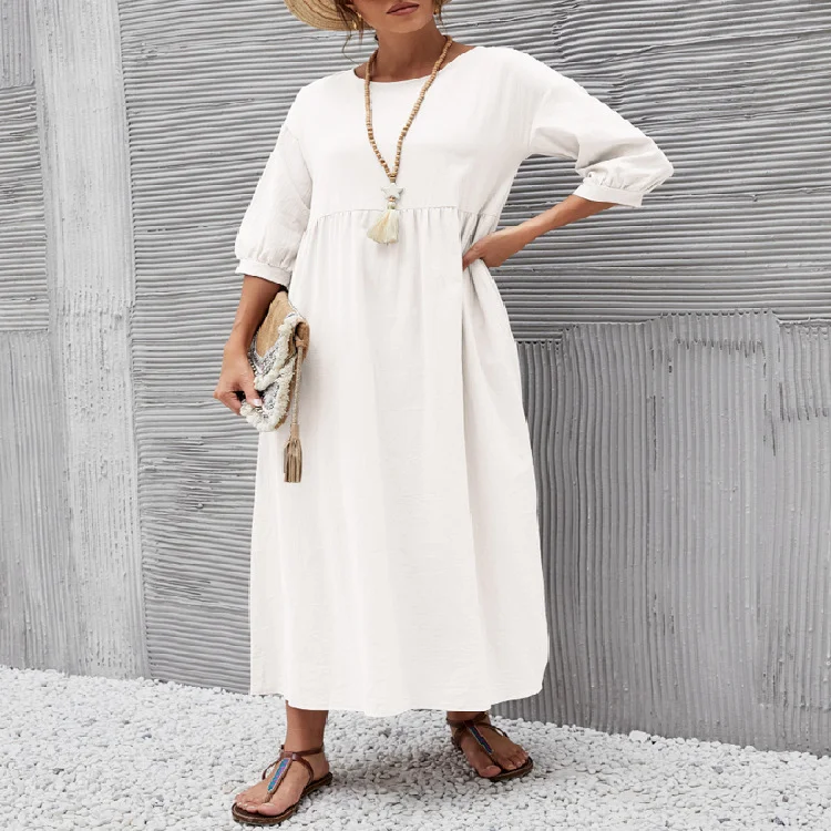 Fashion Lantern Sleeve Loose Cotton And Linen Pocket Dress-JRSEE