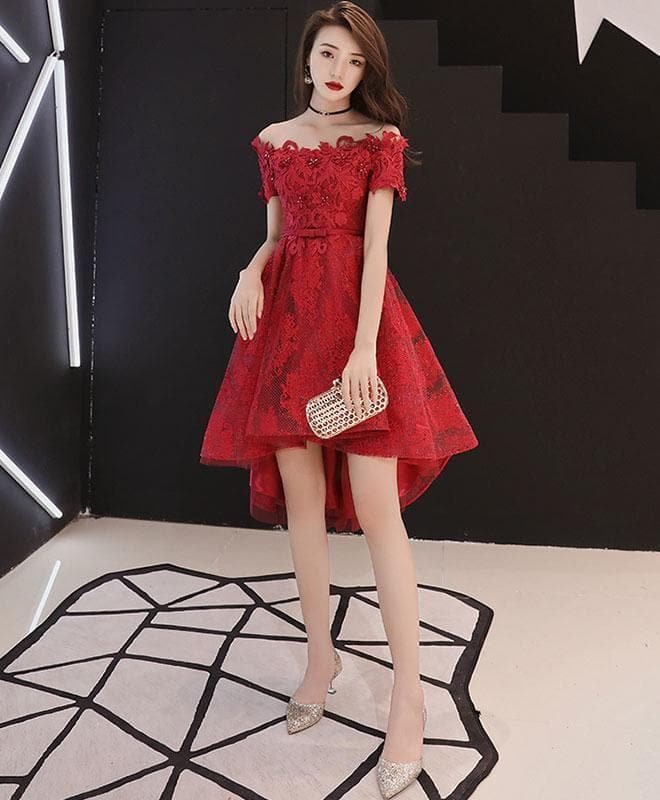 Burgundy Lace Short Prom Dress, Burgundy Lace Bridesmaid Dress
